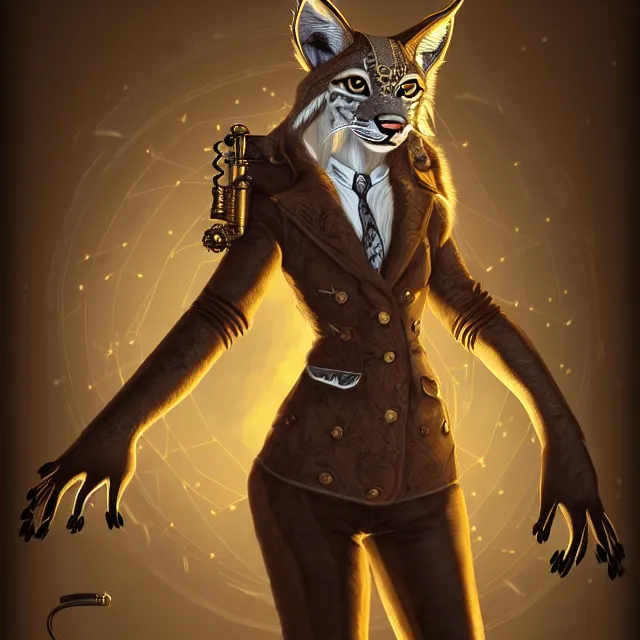 Image similar to the portrait of anthropomorphic lynx fursona wearing a steampunk suit as unimaginably beautiful, gorgeous, elegant, young lynx, an ultrafine hyperdetailed illustration by furaffinity, intricate linework, white fur, unreal engine 5 highly rendered, global illumination, radiant light, detailed and intricate environment