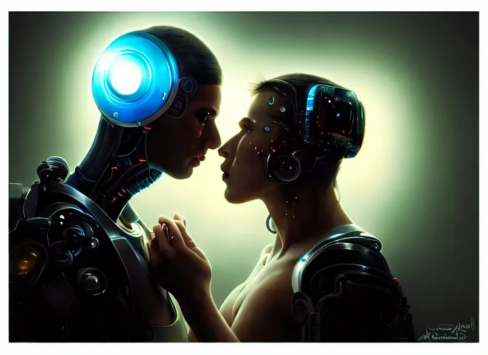 Image similar to ultra realistic medium shot of a couple of cyborgs kissing, lovers, cyberpunk, sci - fi, fantasy, kodak, colour led lighting, soft light, volumetric lighting, fog, rays, night, intricate, highly detailed, digital painting, concept art, smooth, sharp focus, illustration, art by artgerm and greg rutkowski and alphonse mucha