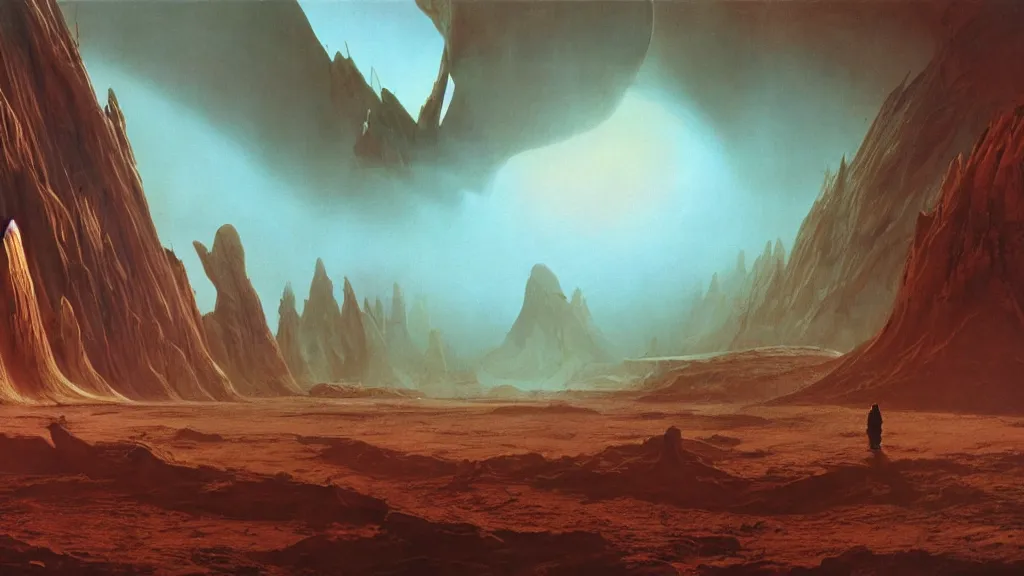 Image similar to otherworldly atmosphere of an alien mountain planet by zaha hadid and arthur haas and bruce pennington and john schoenherr, cinematic matte painting