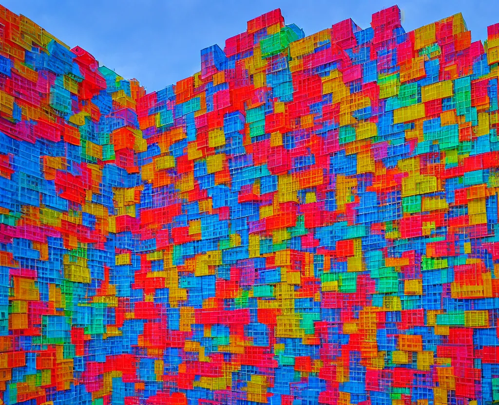 Prompt: Art installation in the Wrocław main square, large colorful plastic blocks, morning, well lit, wide lense