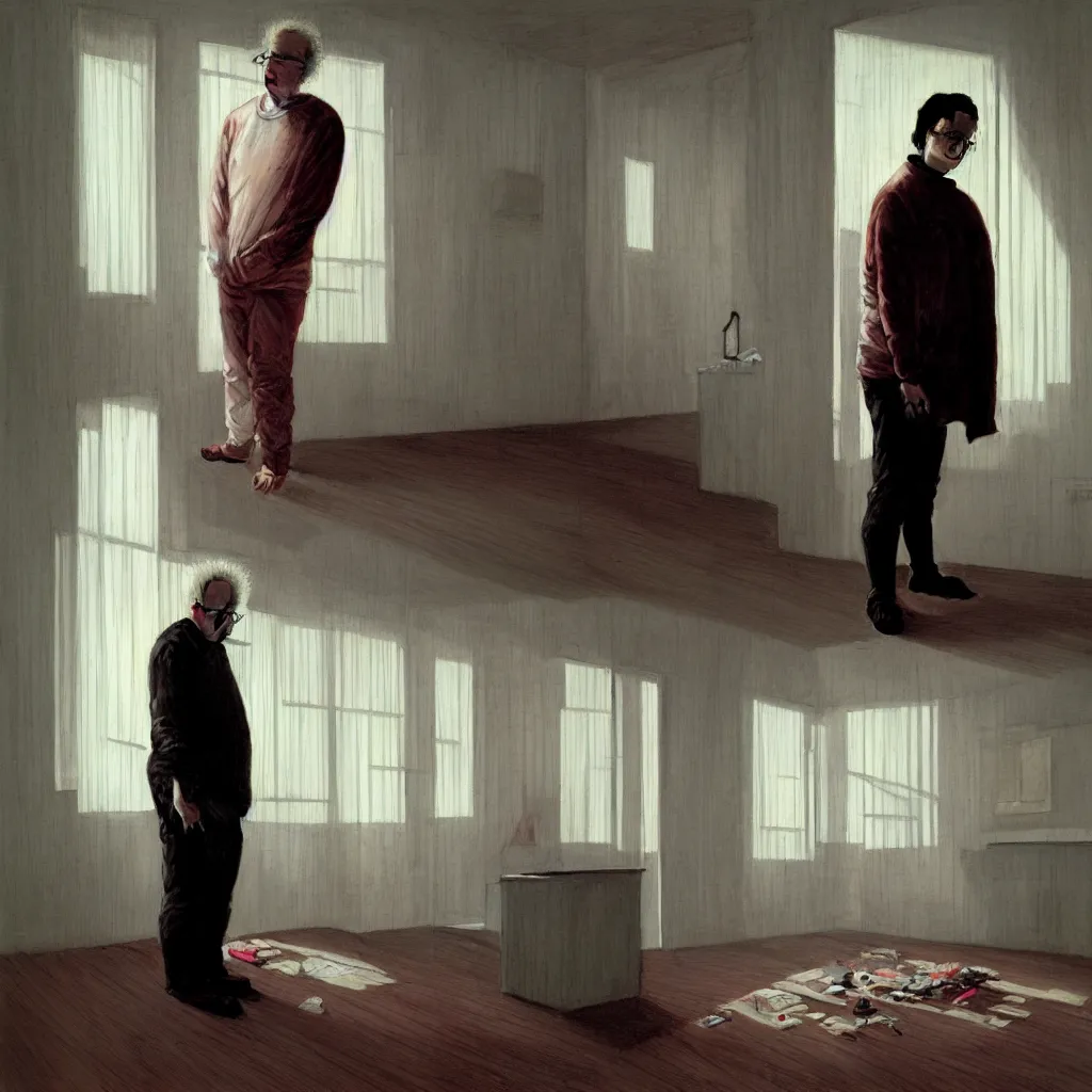 Image similar to weird and disturbing portrait of todd solondz standing alone in an empty appartment, vivid colors, neon, art by gregory crewdson and francis bacon and artgerm and wlop and william - adolphe bouguereau