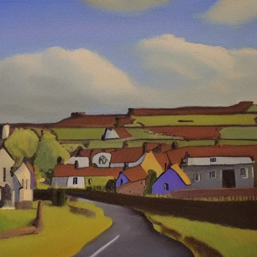 Prompt: painting of a small town in rural Ireland in the style of Aleksander Rostov