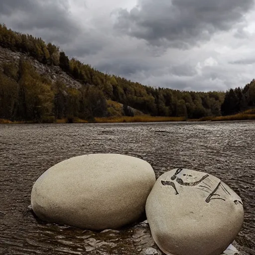 Image similar to detailed footage of european hunger stones in a river, photographic journalism, realistic, european river, carvings of drought and famine