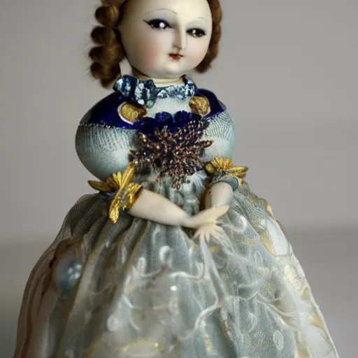 Image similar to ball-jointed doll, porcelain with golden intricate details, dark background