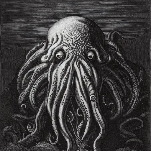 Image similar to a traditional portrait of cthulhu, night, clouds, illustration by Gustave Doré