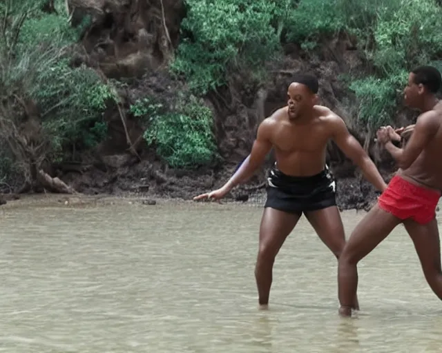 Image similar to will smith fighting with chris rock at muddy pool in trunks 4k