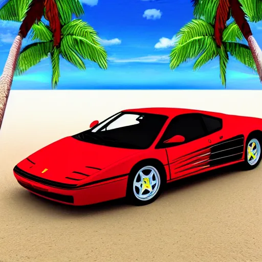 Prompt: a red Ferrari testarossa next to a white sand beach with palm trees. 16bit graphics.