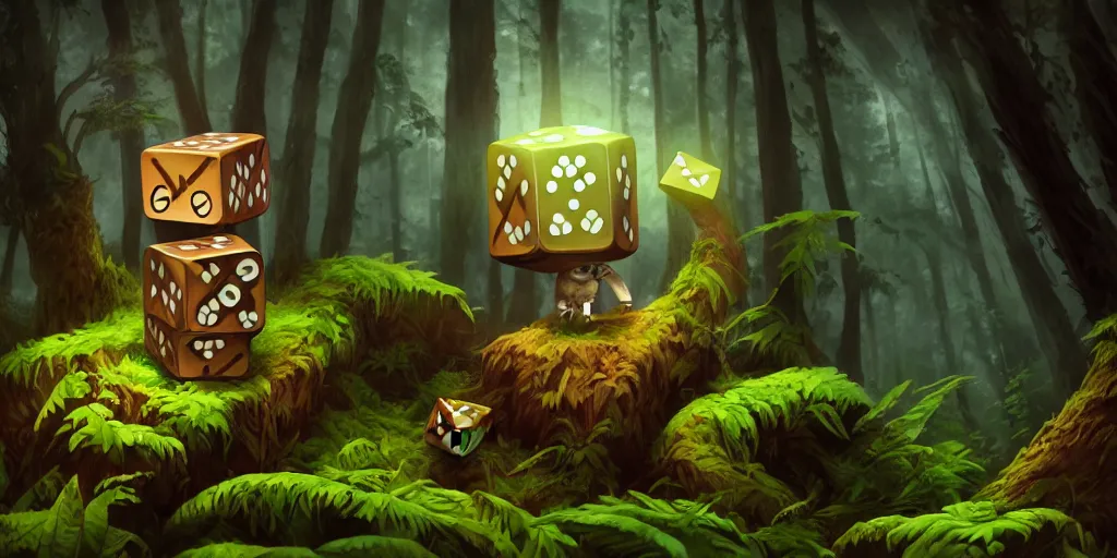 Image similar to anthropomorphic - cube - dice, lurking in the forest, cube - dice with little arms and legs, glowing energy, fantasy magic, by willian murai and jason chan and marco bucci, hyper detailed and realistic, illustration, sharp focus, cinematic, rule of thirds, forestpunk