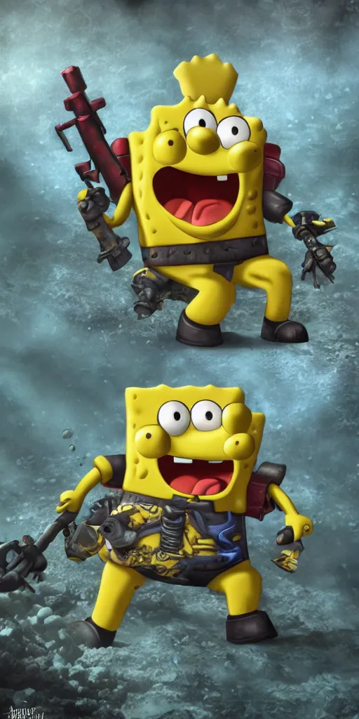 Image similar to sponge bob in Warhammer 40k armor. underwater. ultra high details. photorealistic. 8k, artstation trending.