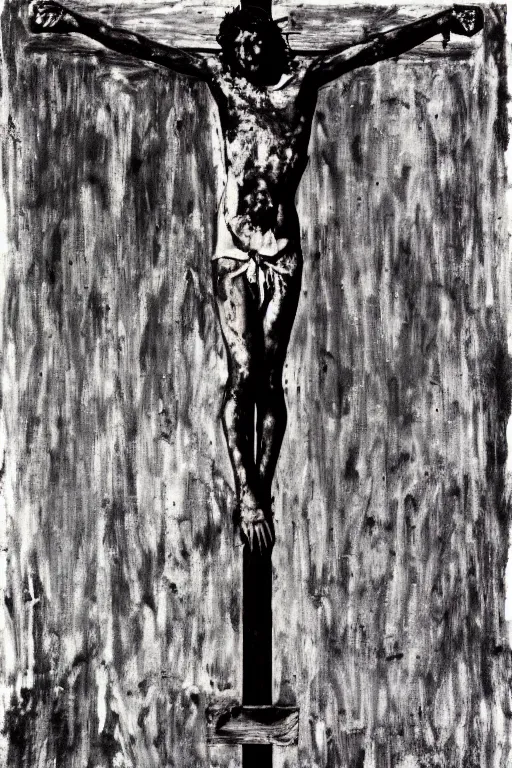 Prompt: bloody jesus christ crucified painted by cy twombly and andy warhol