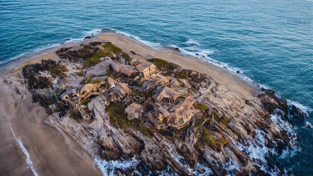 Prompt: aerial architectural photography of a house made of driftwood, natural and organic and flowing, on the coast, wide angle, shot from a low angle, great lighting, cinematic.