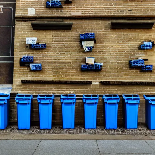 Image similar to recycling bins full of clocks on the street 4 k realistic