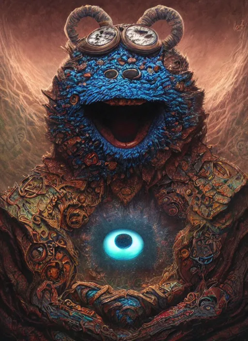 Image similar to cookie monster glowing eyes, shamanic poster lsd art, intricate, elegant, highly detailed, centered, digital painting, artstation, concept art, smooth, sharp focus, illustration, artgerm, tomasz alen kopera, peter mohrbacher, donato giancola, joseph christian leyendecker, wlop, frank frazetta