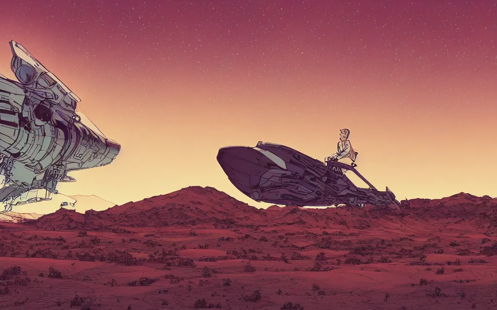 Prompt: very detailed, prophet graphic novel, ilya kuvshinov, mcbess, rutkowski, simon roy, illustration of a giant crashed space ship on a desert planet, wide shot, colorful, cinematic composition, astrophotography