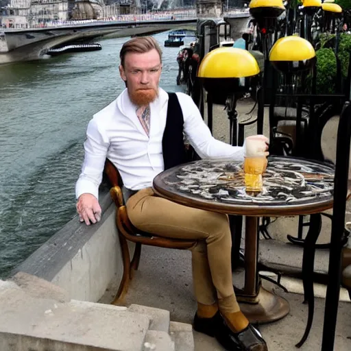 Image similar to mcgregor is dressed as a gentleman at early 2 0 th century paris. he is having a coffee at the banks of river seine. ewan mcgregor has a coffee cup on his hand. next to him is a small brown cat with yellow glowing eyes