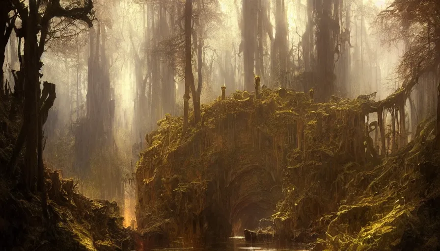 Image similar to a beautiful intricate painting of a gateway to hell in a dark evil fantasy forest, reflections, very high details by william turner art, greg rutkowski and alphonse mucha, trending on artstation, very very detailed, masterpiece,