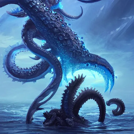 Image similar to A blue Kraken in the sea, highly detailed, fantasy art, female art, in the style of greg rutkowski, illustration, epic, fantasy, intricate, hyper detailed, artstation, concept art, smooth, sharp focus, ray tracing