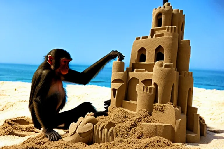 Image similar to a monkey touching a completed sand castle