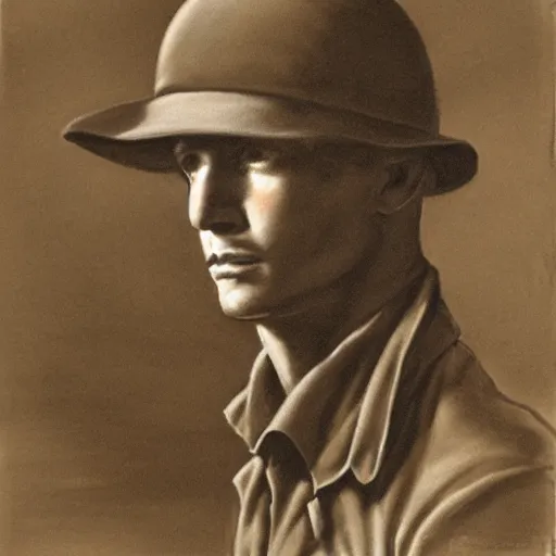 Image similar to a detailed photorealistic sepia - toned color portrait painting of a 1 9 1 7 worried clean - shaven british lieutenant in field gear wearing a pith helmet in wadi rum examining an ancient cylindrical clay jar, ultra realistic, intricate details, atmospheric, dark, horror, brooding, highly detailed, by clyde caldwell