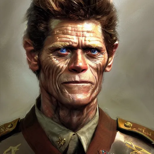 Prompt: Willem Dafoe as a soldier, closeup character art by Donato Giancola, Craig Mullins, digital art, trending on artstation