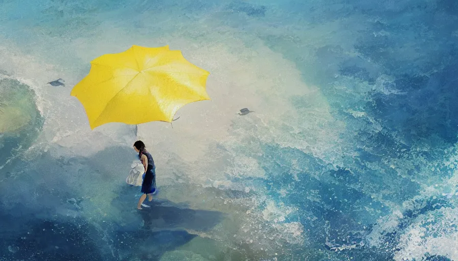 Image similar to craig mullins and ghibli digital illustration of, a dolphin in the blue dotted water, modern beach is covered with umbrellas, white waves ， yellow gravel coralsunreal engine, hyper realism, realistic shading, cinematic composition, realistic render, octane render, detailed textures, photorealistic, wide shot