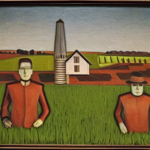 Prompt: robot portrait farmland, grant wood, american gothic from grant wood style