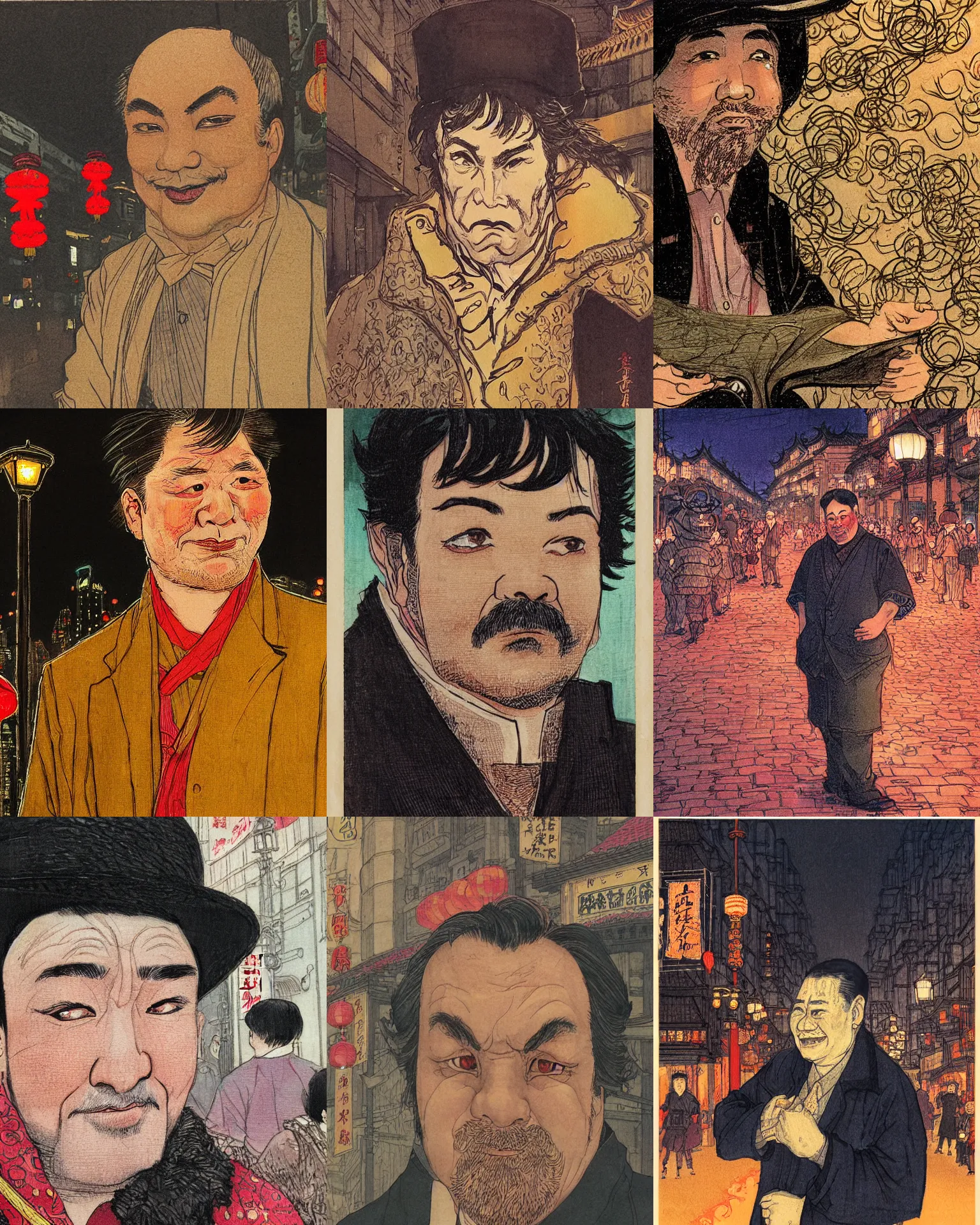 Prompt: closeup portrait of a middle - aged man, slight smile, street at night, chinese new year celebrations in shanghai, art by rebecca guay