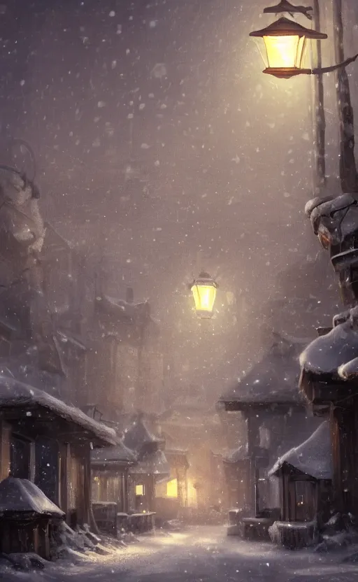 Image similar to a blurry ambient lantern in the distance of a snowy village at night, dynamic lighting, ambient lighting, atmospherical, photorealistic fantasy concept art, trending on art station, stunning visuals, creative, cinematic, ultra detailed