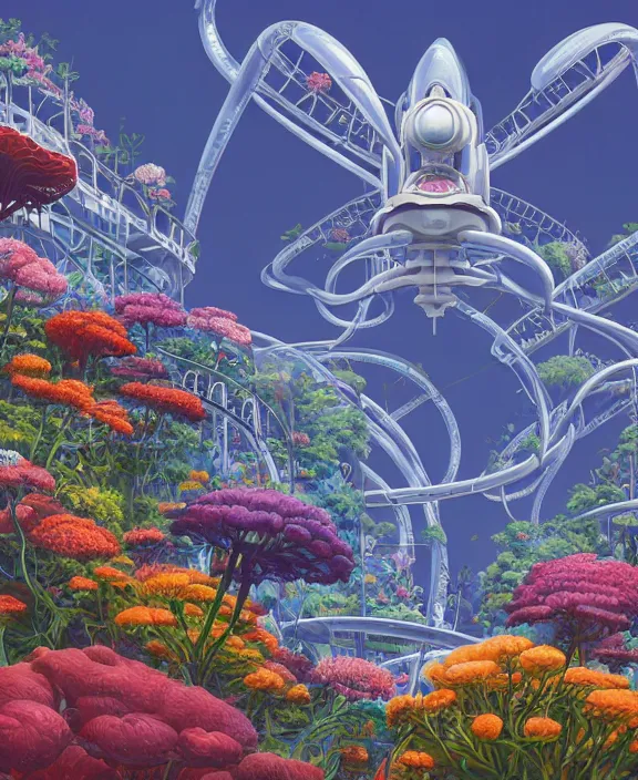 Image similar to simplicity, elegance, an amusement park made out of bizarre organic creatures, in the style of a streamlined asymmetrical spaceship, overgrown with flowers, partly cloudy, sun - drenched, by dan mumford, yusuke murata, makoto shinkai, ross tran, cinematic, unreal engine, cel shaded, featured on artstation, pixiv