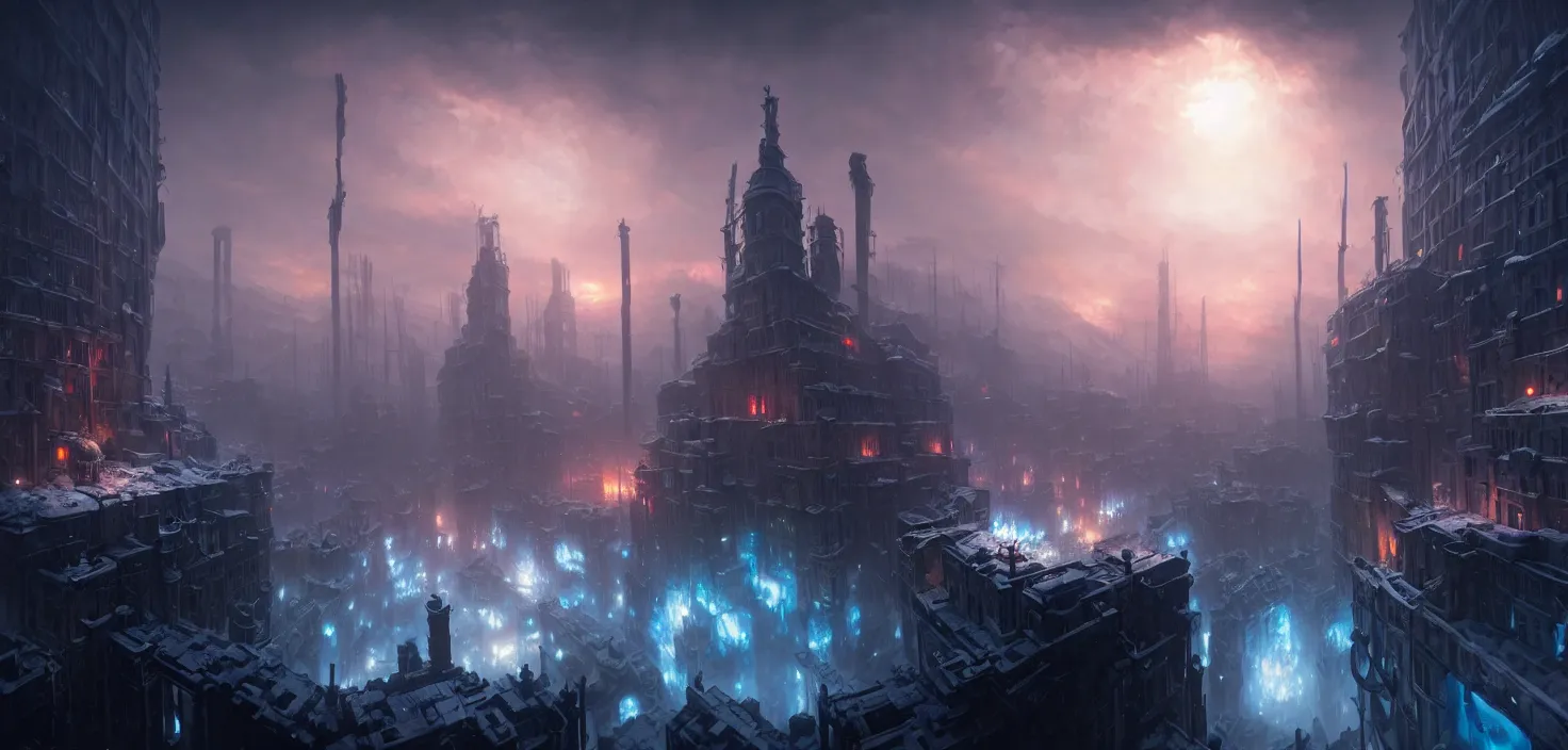 Prompt: frostpunk portal city, cinematic view, epic sky, no people, detailed, concept art, high detail, warm lighting, volumetric, godrays, vivid, beautiful, trending on artstation, by jordan grimmer, huge scene, art greg rutkowski