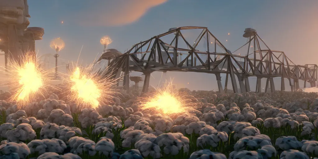 Prompt: explosion on the crimean bridge in the form of cotton plant, team fortress style, 3 d octane remder, epic lighting, 8 k, by goro fujita