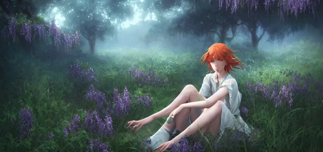 Image similar to a beautiful southern woman named Savannah, innocent, somber turquoise eyes, freckles, long ginger hair tied with white ribbon, sad under a wisteria plant, gentle lighting, storm in the distance, simple dress, digital art by Makoto Shinkai ilya kuvshinov and Wojtek Fus, digital art, concept art,