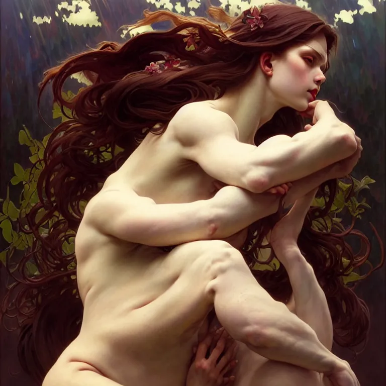 Image similar to gentle demon, painting, good against evil, highly detailed, digital painting, smooth, beautiful angle, weak demon, sharp focus, illusion, ultra - realistic, demon against angle, heaven against hell, 8 k, strong and powerful confident angle artgerm, greg rutkowski and alphonse mucha