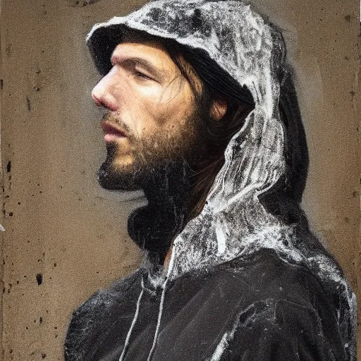 Prompt: a full body lookbook portrait of modern - day jesus wearing hat and hoodie by nicola samori, hat and hoodie, detailed, oil painting, hyper - realistic, 8 k, yeezy collection