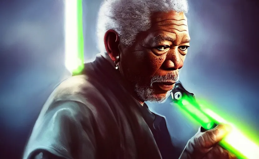 Image similar to morgan freeman holding a lightsaber, water landscape, dramatic lighting, cinematic, establishing shot, long full body shot, extremly high detail, photorealistic, cinematic lighting, post processed, concept art, artstation, matte painting, style by greg rutkowsky