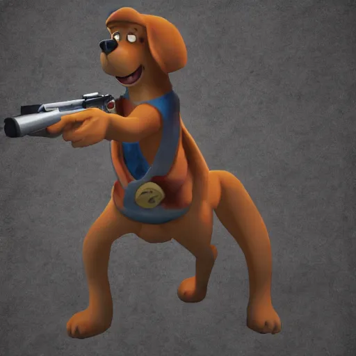 Prompt: Scooby Doo holding a gun, anime, trending on artstation, highly detailed, 8k, beautiful, dynamic lighting, realistic fur