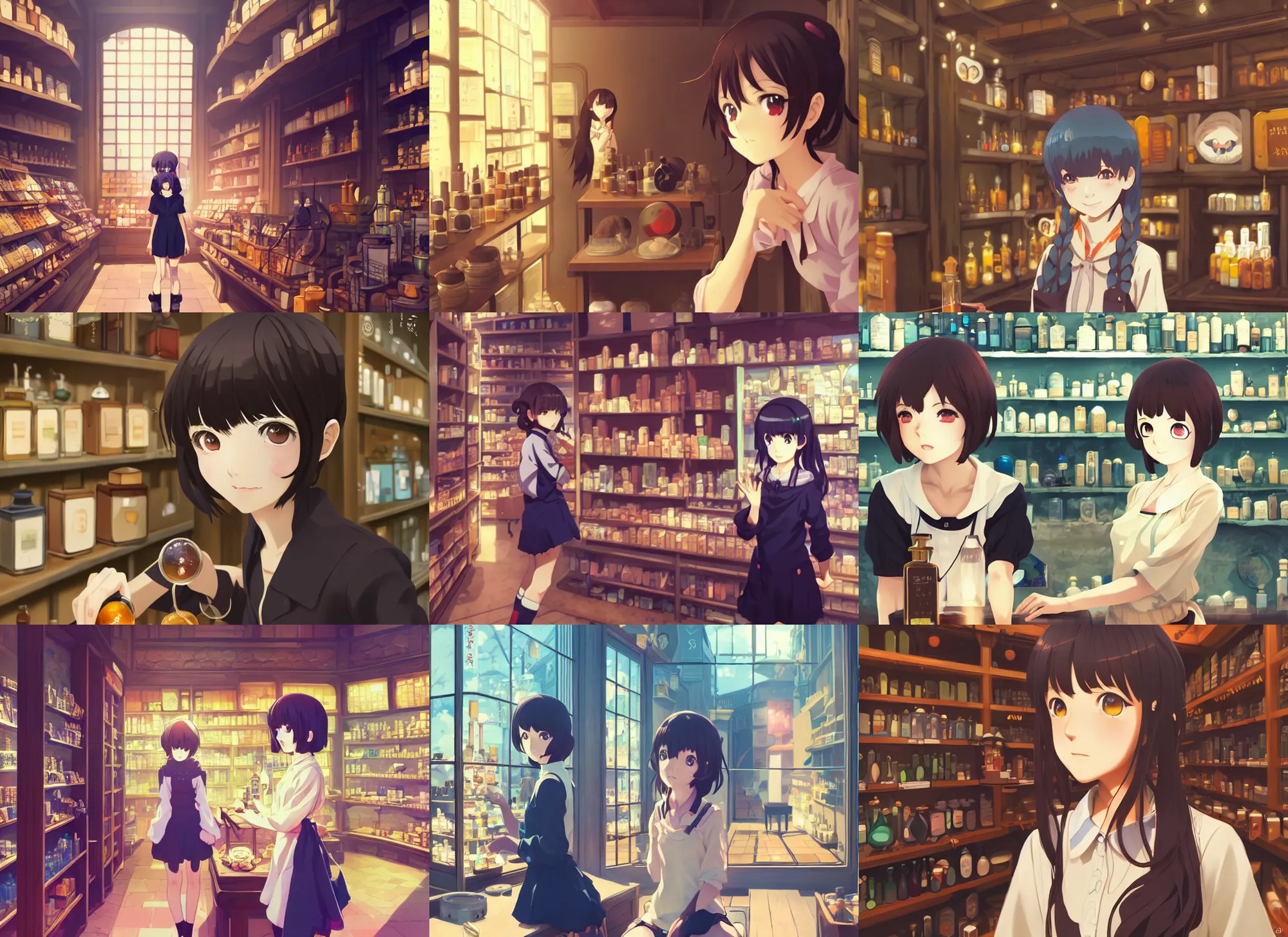 Prompt: anime frames, portrait of a young female traveler in a alchemist's potion shop interior shopping, cute face by ilya kuvshinov, makoto shinkai, dynamic perspective pose, rounded eyes, detailed facial features, lomography, hdr, yoh yoshinari