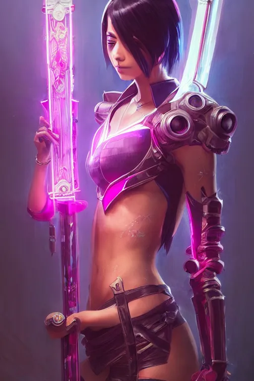 Image similar to fiora from league of legends, cyberpunk futuristic neon. long sword in her hand, decorated with traditional japanese ornaments by ismail inceoglu dragan bibin hans thoma greg rutkowski alexandros pyromallis nekro rene maritte illustrated, perfect face, fine details, realistic shaded, fine - face, pretty face, masterpiece