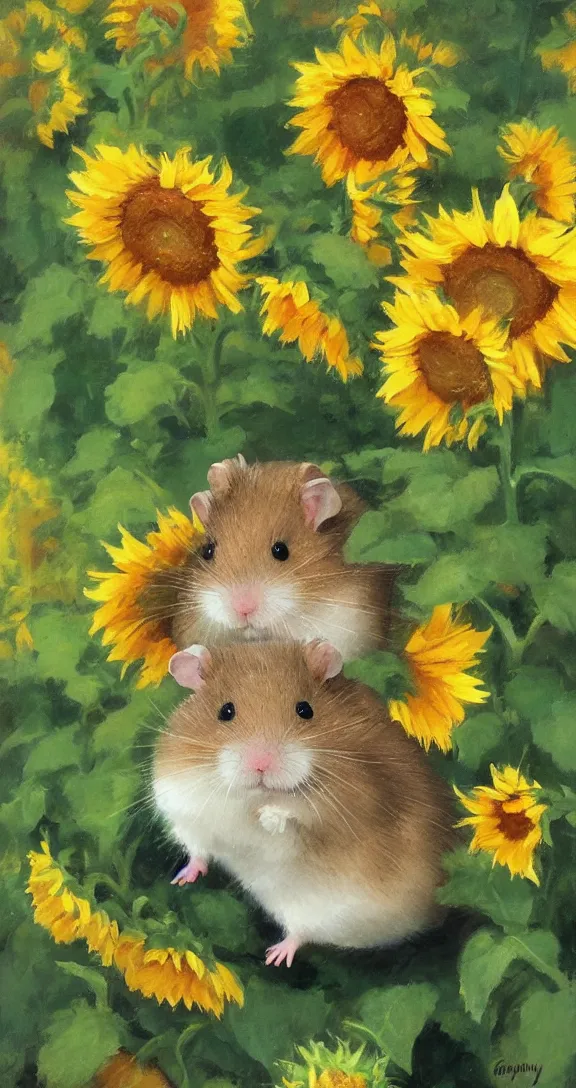 Image similar to a highly detailed beautiful portrait of a cute little hamster surrounded by beautiful sunflowers, by gregory manchess, james gurney, james jean