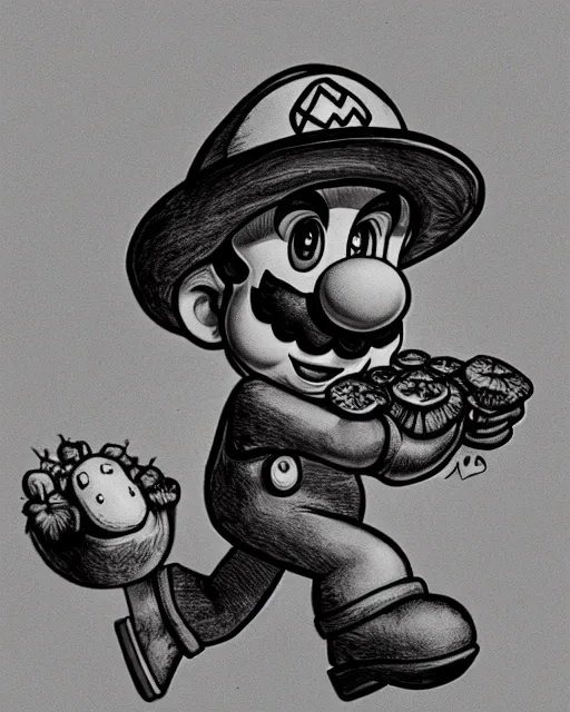 Image similar to mario with mushrooms, hyper realism, fine details, deviantart artstation, extremely detailed, black and white, very sharp, in the style of albrecht durer