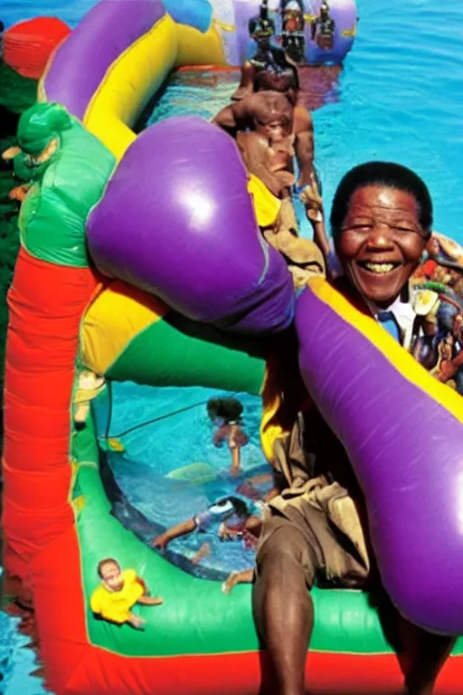 Prompt: nelson mandela in a purple bouncy castle formed as a prison floating on water in waterworld