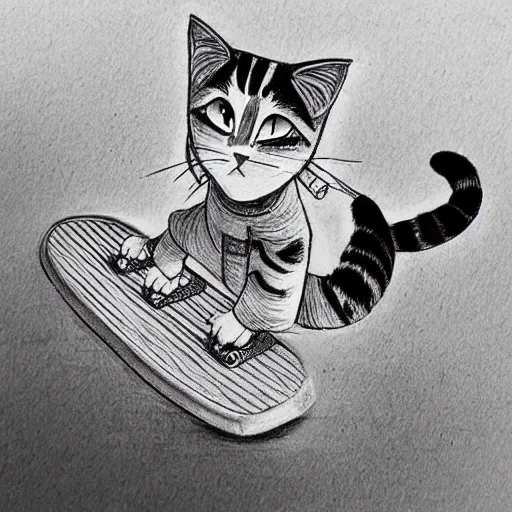 Prompt: “an anime drawing of a cat riding a skateboard in vasastan”