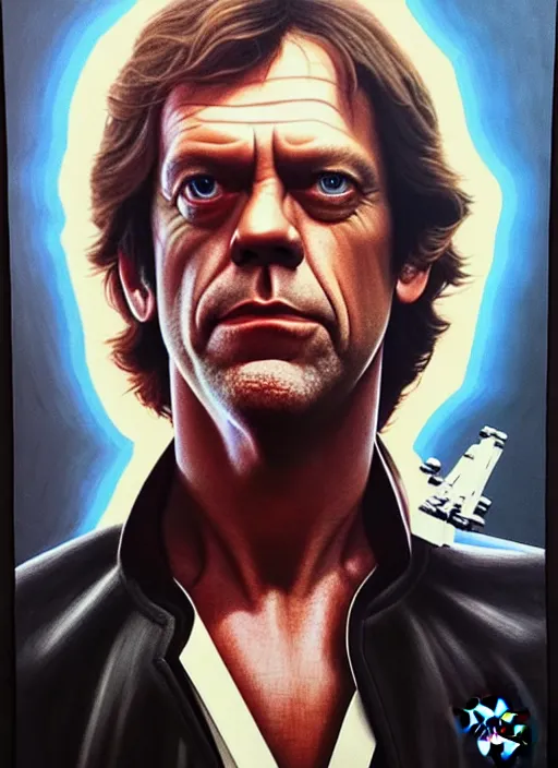Image similar to upper body portrait of hugh laurie as han solo in star wars from 1 9 7 7, wearing han solo's clothes, wearing a black vest and a white shirt, hyperrealistic, very detailed painting by glenn fabry, by joao ruas, by artgerm
