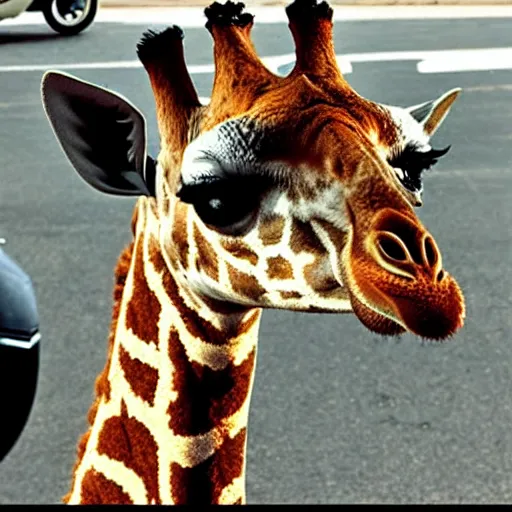 Image similar to giraffe on a Harley Davidson on the road, funny picture