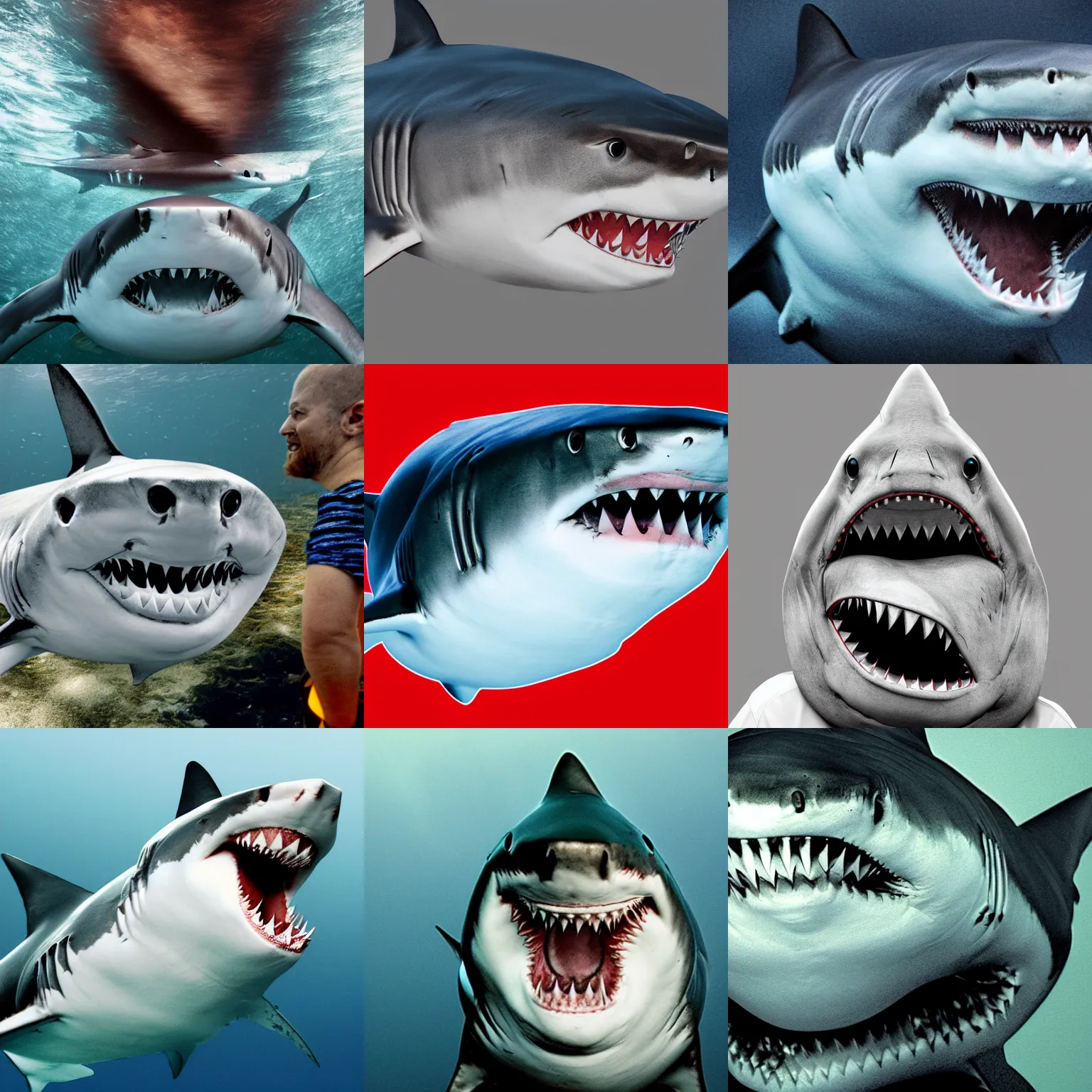 Prompt: shark with human face staring at you, hd, detailed