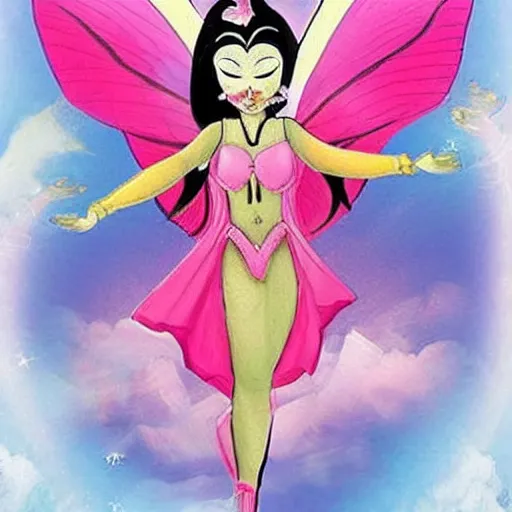 Image similar to ! dream dakini as a modern fairy wearing a pink outfit, flying in the style of superman alongside penguins.