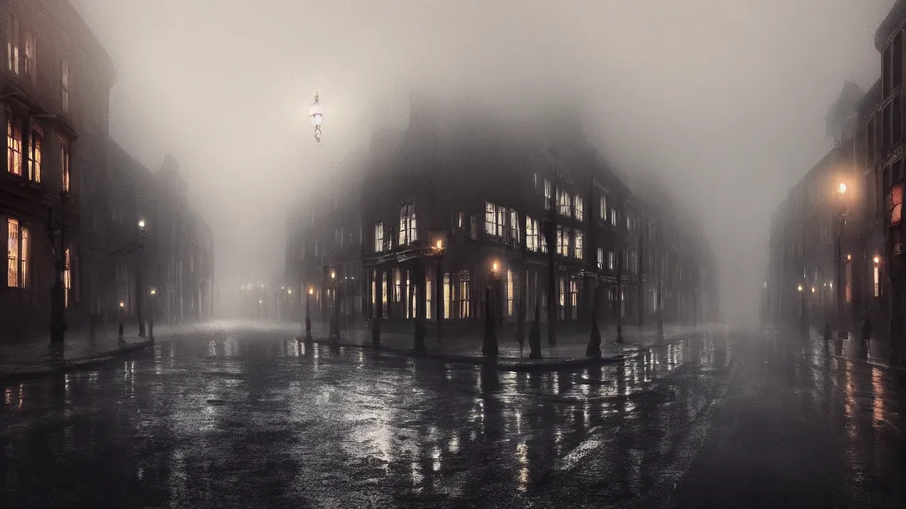 Image similar to the old town with houses in the windows of which the light is on. early morning, fog on ground, wet street. mike barr painting. volumetric light, dull colors, dark, noir arthouse, 3 5 mm, hight detalied, hd, 4 k