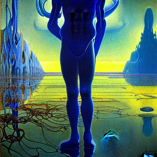 Image similar to realistic extremely detailed portrait painting of a glowing male silhouette, futuristic sci-fi landscape on background by Jean Delville, Amano, Yves Tanguy, Alphonse Mucha, Ernst Haeckel, Edward Robert Hughes, Roger Dean, rich moody colours, blue eyes