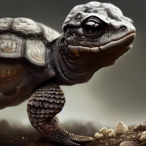 Prompt: an award winning art of platinum black gecko tortoise man looking at the camera, cute, nature photography, digital art by greg rutkowski