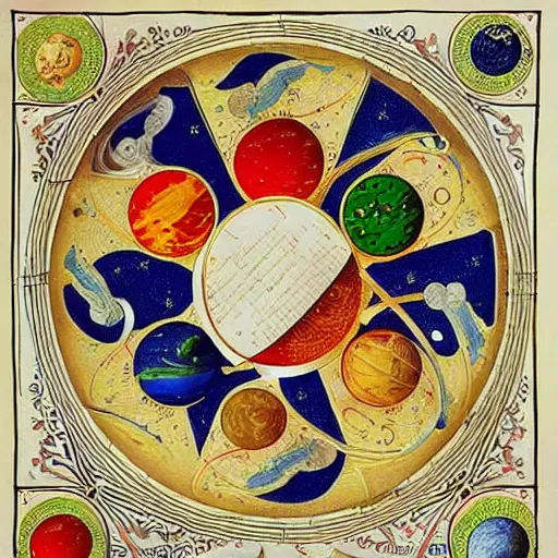 Prompt: a beautiful cosmos of celestial bodies in the style of illuminated manuscript, extremely detailed, trending on artstation